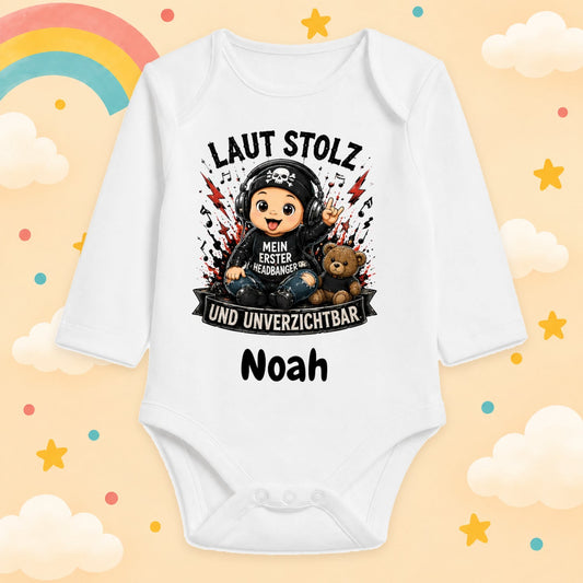 Personalisierter Babybody Langarm mit Name Rock & Metal Baby Body mit Wunschname Lustige Rocker Motive für Jungen & Mädchen Geschenk zur Geburt, Laut stolz