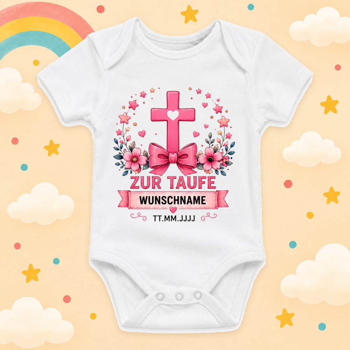 Personalisierter Babybody Taufe Mädchen mit Name & Datum – Taufbody Kurzarm – Geschenk zur Taufe – Taufgeschenk Baby – verschiedene Taufmotive mit Wunschname, Kreuz Schleife