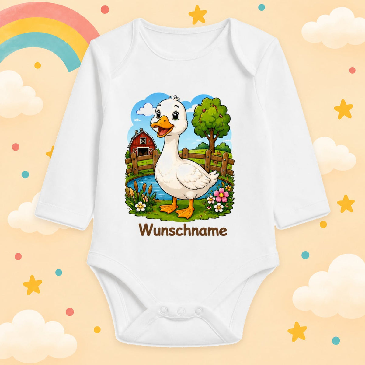 Babybody Bauernhof personalisiert mit Name – Langarm Baby Body mit Wunschname Geschenk zur Geburt für Jungen & Mädchen, Gans