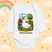 Babybody Bauernhof personalisiert mit Name – Langarm Baby Body mit Wunschname Geschenk zur Geburt für Jungen & Mädchen, Gans