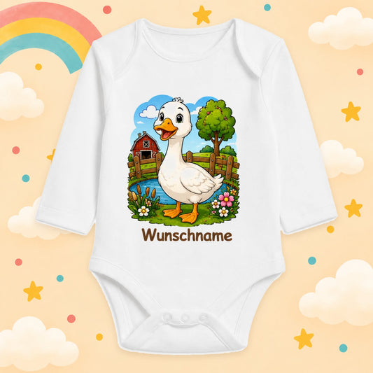 Babybody Bauernhof personalisiert mit Name – Langarm Baby Body mit Wunschname Geschenk zur Geburt für Jungen & Mädchen, Gans