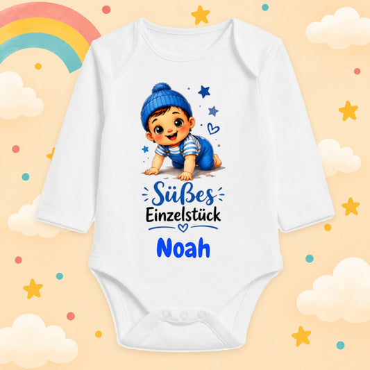 Babybody Personalisiert Junge Motiv & Spruch Süßes Einzelstück Individuell bedruckt mit Wunschname Baumwolle weiß langarm Geschenk zur Geburt, Taufe & Babyparty