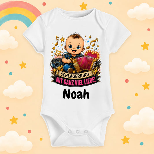 Babybody Personalisiert Schlager Motiv & Spruch Schlagerkind mit ganz viel Liebe Individuell bedruckt mit Wunschname Baumwolle Geschenk zur Geburt, Taufe & Babyparty