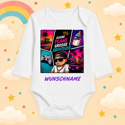 Personalisierter Babybody Langarm Gaming & Videospiel Zocker Motiv mit Wunschname Neon Großstadt Gamer Baby Outfit Baumwolle Weiß Geschenk Taufe Geburt, Kleine Pläne große Abenteuer