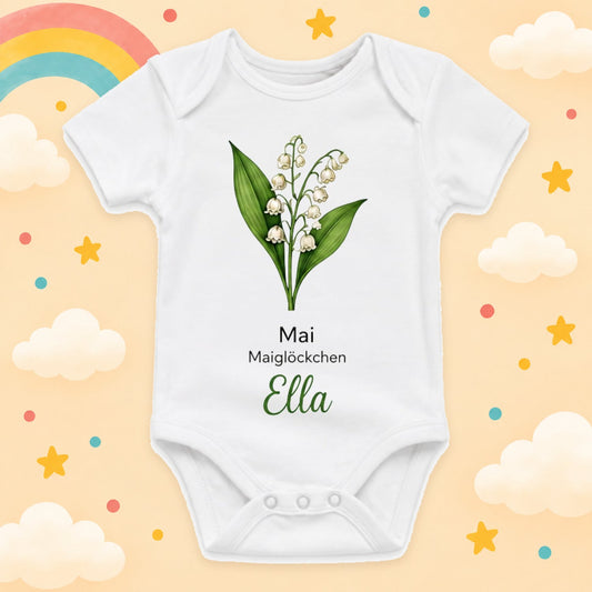 Personalisierter Babybody Geburtsblume mit Wunschname Weißer Kurzarm Baby Body aus Baumwolle – Geschenk zur Geburt, Taufe, Babyparty für Jungen & Mädchen, Mai