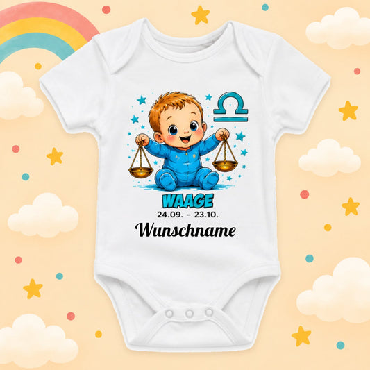 Babybody Sternzeichen Personalisiert mit Wunschname Weißer Kurzarm Baby Body aus Baumwolle – Geschenk zur Geburt, Taufe, Babyparty unisex für Jungen & Mädchen, Waage