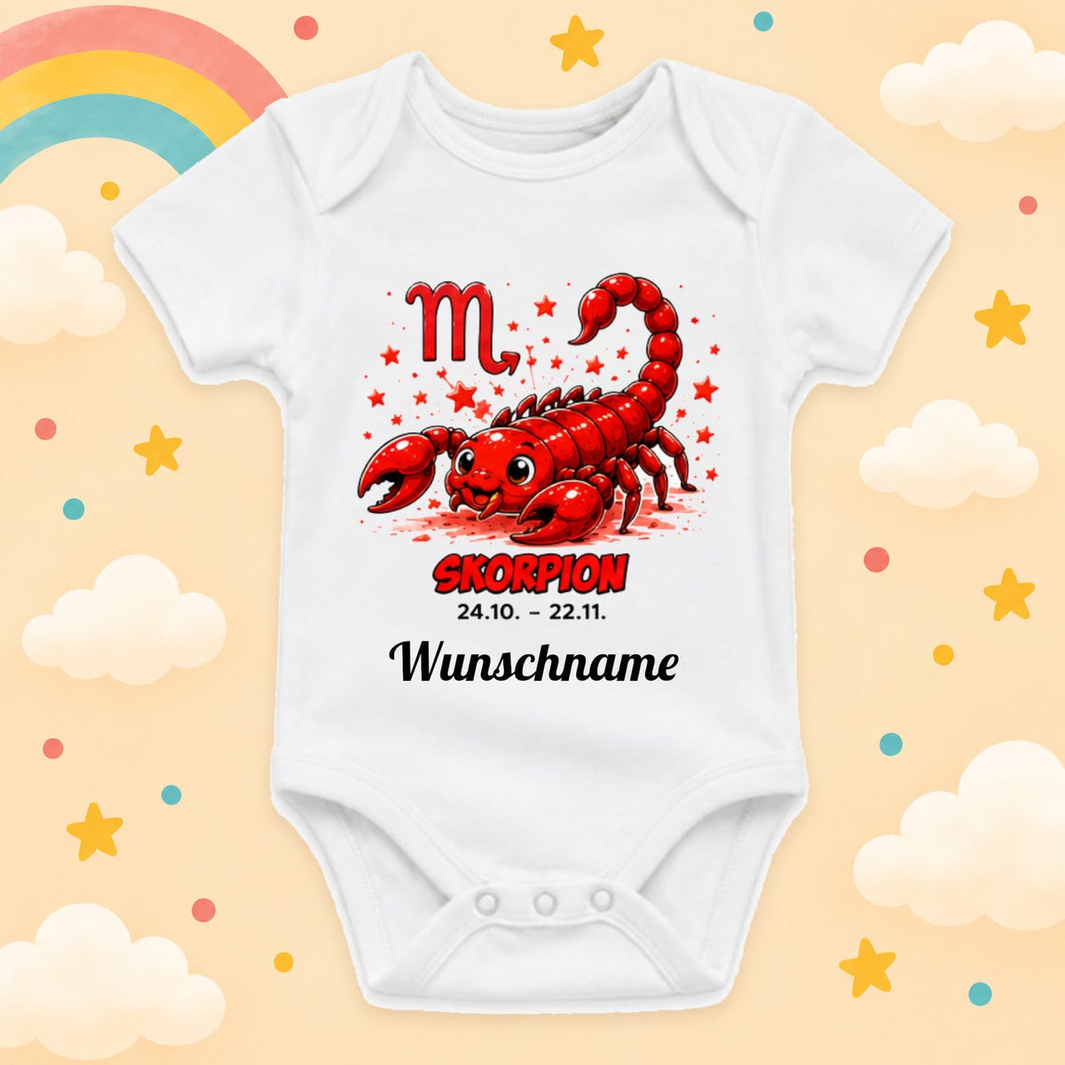 Babybody Sternzeichen Personalisiert mit Wunschname Weißer Kurzarm Baby Body aus Baumwolle – Geschenk zur Geburt, Taufe, Babyparty unisex für Jungen & Mädchen, Skorpion