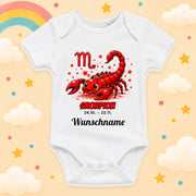 Babybody Sternzeichen Personalisiert mit Wunschname Weißer Kurzarm Baby Body aus Baumwolle – Geschenk zur Geburt, Taufe, Babyparty unisex für Jungen & Mädchen, Skorpion