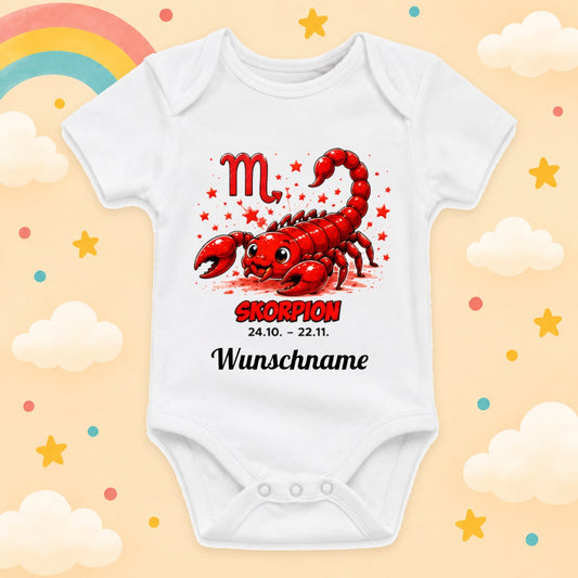 Babybody Sternzeichen Personalisiert mit Wunschname Weißer Kurzarm Baby Body aus Baumwolle – Geschenk zur Geburt, Taufe, Babyparty unisex für Jungen & Mädchen, Skorpion