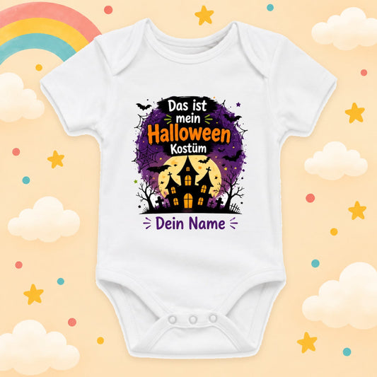 Baby Body Halloween Personalisiert mit Wunschname Weißer Kurzarm Body aus Baumwolle Süße Halloween Motive Geschenk Jungen Mädchen Neugeborene Geburt Taufe, Spukhaus