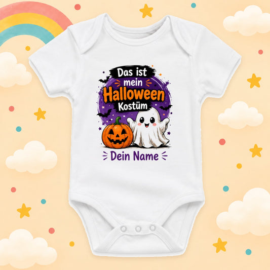 Baby Body Halloween Personalisiert mit Wunschname Weißer Kurzarm Body aus Baumwolle Süße Halloween Motive Geschenk Jungen Mädchen Neugeborene Geburt Taufe, Gespenst