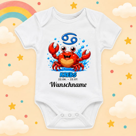 Babybody Sternzeichen Personalisiert mit Wunschname Weißer Kurzarm Baby Body aus Baumwolle – Geschenk zur Geburt, Taufe, Babyparty unisex für Jungen & Mädchen, Krebs
