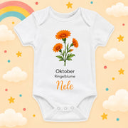 Personalisierter Babybody Geburtsblume mit Wunschname Weißer Kurzarm Baby Body aus Baumwolle – Geschenk zur Geburt, Taufe, Babyparty für Jungen & Mädchen, Oktober