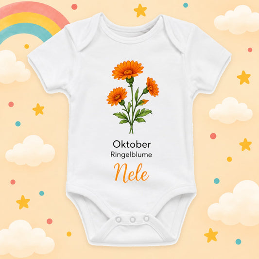 Personalisierter Babybody Geburtsblume mit Wunschname Weißer Kurzarm Baby Body aus Baumwolle – Geschenk zur Geburt, Taufe, Babyparty für Jungen & Mädchen, Oktober