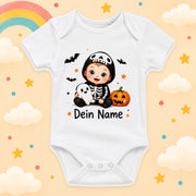 Baby Body Halloween Personalisiert mit Wunschname Weißer Kurzarm Body aus Baumwolle Süße Halloween Motive Geschenk Jungen Mädchen Neugeborene Geburt Taufe, Skelett