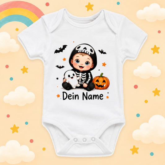 Baby Body Halloween Personalisiert mit Wunschname Weißer Kurzarm Body aus Baumwolle Süße Halloween Motive Geschenk Jungen Mädchen Neugeborene Geburt Taufe, Skelett