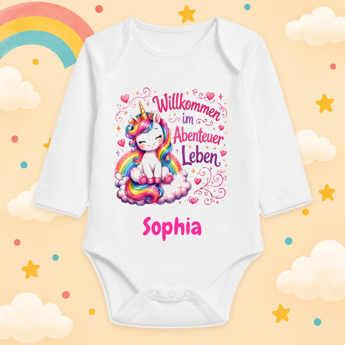 Babybody Mädchen personalisiert mit Wunschname Motiv & Spruch Willkommen im Abenteuer Leben Individuell bedruckt langarm Baumwolle weiß Geschenk zur Geburt, Taufe & Babyparty
