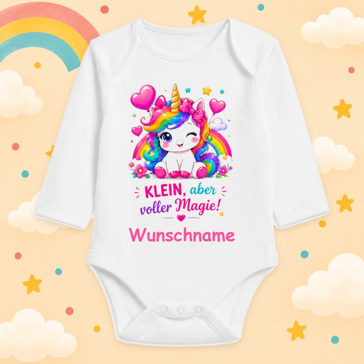 Personalisierter Babybody Mädchen Langarm mit Wunschname – Klein aber voller Magie – Süßer Einhorn Baby Body mit Name – Regenbogen Motiv – Geschenk zur Geburt