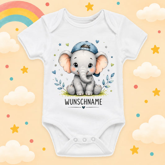Babybody Motiv Elefant personalisiert mit Wunschname unisex Individuell bedruckt kurzarm Baumwolle weiß süßes Tiermotiv Geschenk zur Geburt, Taufe & Babyparty