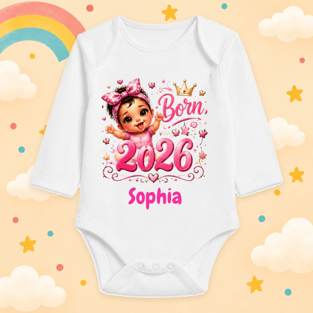 Babybody Mädchen personalisiert mit Wunschname Motiv & Spruch Born 2026 Individuell bedruckt langarm Baumwolle weiß Geschenk zur Geburt, Taufe & Babyparty