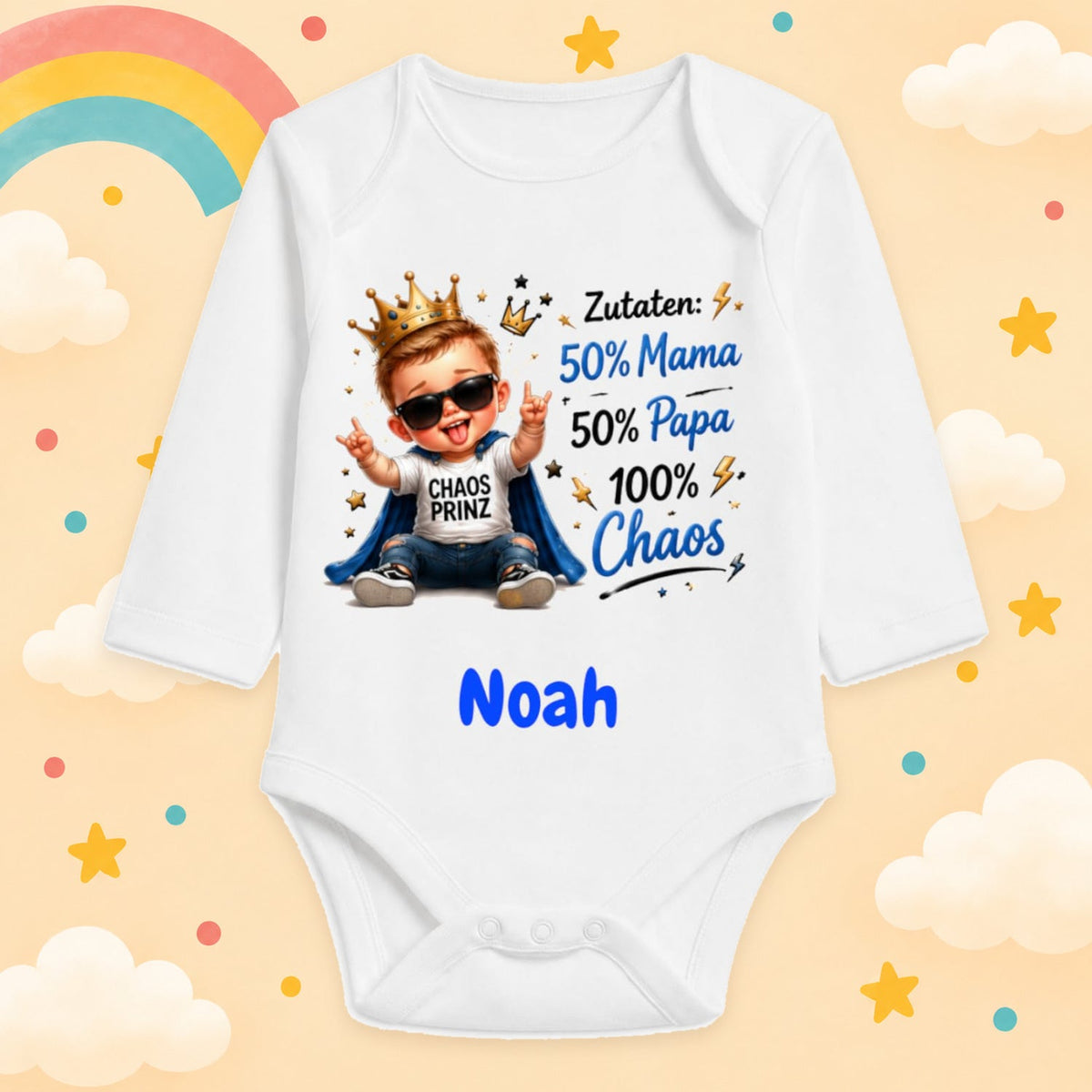 Babybody Personalisiert Junge Motiv & Spruch Zutaten 50% Mama 50% Papa 100% Chaos Individuell bedruckt mit Wunschname Baumwolle weiß langarm Geschenk zur Geburt, Taufe & Babyparty