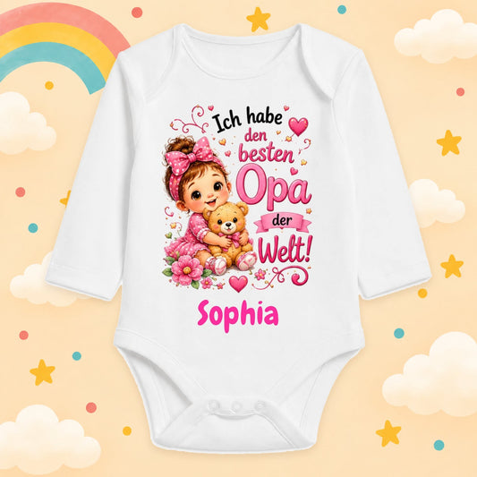 Babybody Mädchen personalisiert mit Wunschname Motiv & Spruch Ich habe den besten Opa der Welt Individuell bedruckt langarm Baumwolle weiß Geschenk zur Geburt, Taufe & Babyparty