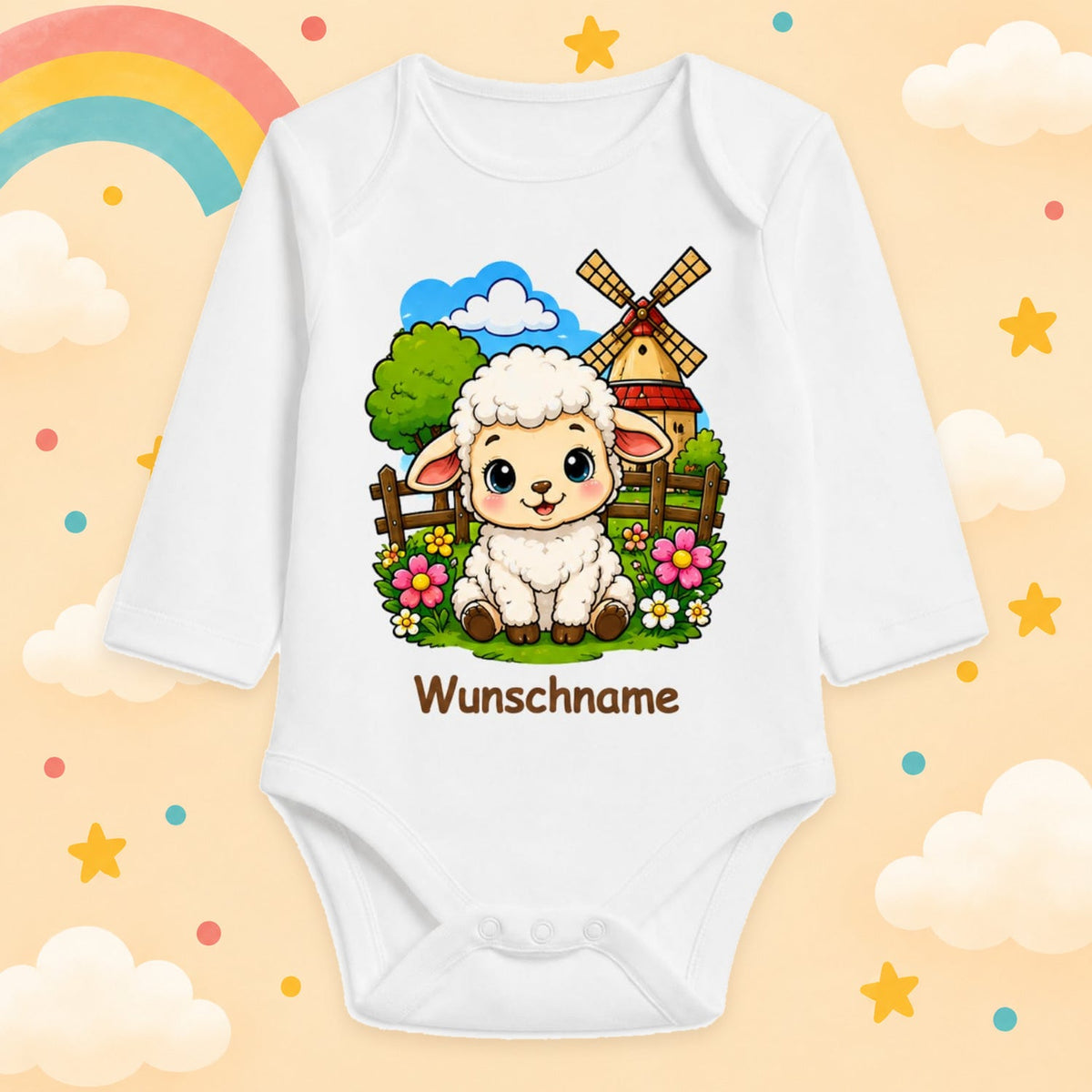 Babybody Bauernhof personalisiert mit Name – Langarm Baby Body mit Wunschname Geschenk zur Geburt für Jungen & Mädchen, Schaf