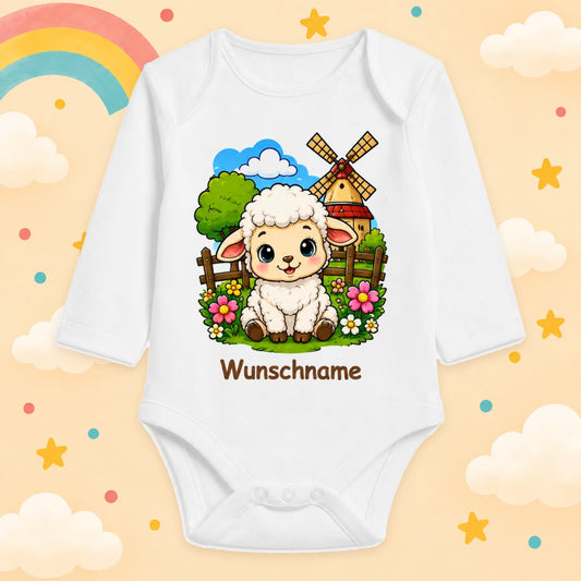 Babybody Bauernhof personalisiert mit Name – Langarm Baby Body mit Wunschname Geschenk zur Geburt für Jungen & Mädchen, Schaf