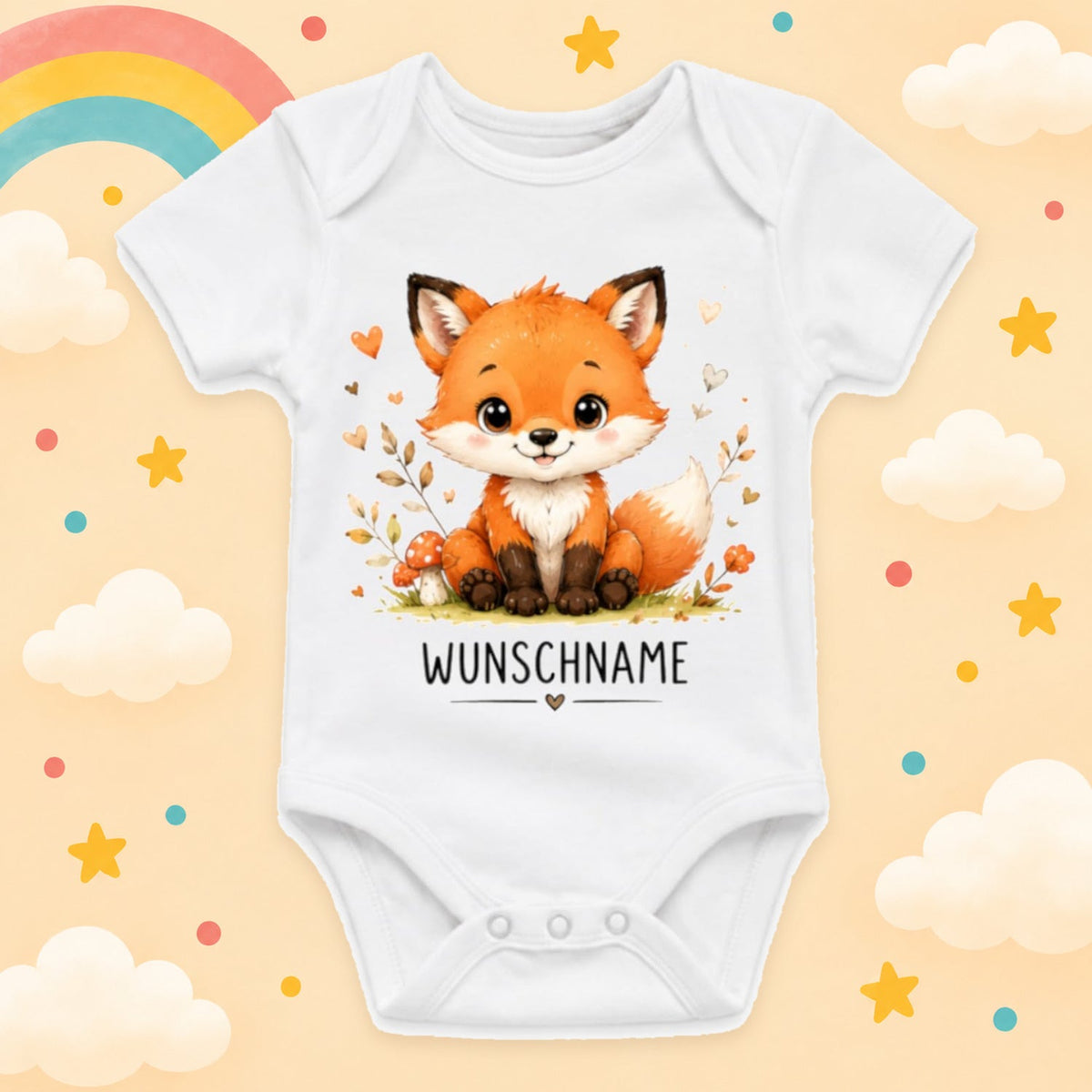 Babybody Motiv Fuchs personalisiert mit Wunschname unisex Individuell bedruckt kurzarm Baumwolle weiß süßes Tiermotiv Geschenk zur Geburt, Taufe & Babyparty