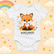 Babybody Motiv Fuchs personalisiert mit Wunschname unisex Individuell bedruckt kurzarm Baumwolle weiß süßes Tiermotiv Geschenk zur Geburt, Taufe & Babyparty