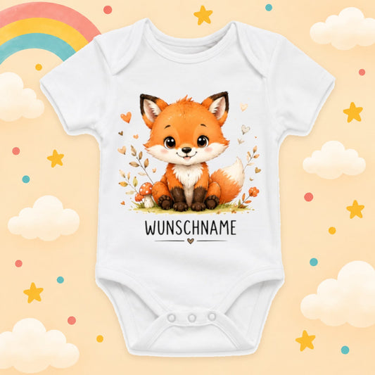 Babybody Motiv Fuchs personalisiert mit Wunschname unisex Individuell bedruckt kurzarm Baumwolle weiß süßes Tiermotiv Geschenk zur Geburt, Taufe & Babyparty