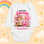 Baby Body Mädchen 1. Geburtstag personalisiert mit Name – Langarmbody Baumwolle – Geburtstagsbody Wunschname – verschiedene Größen, Giraffe