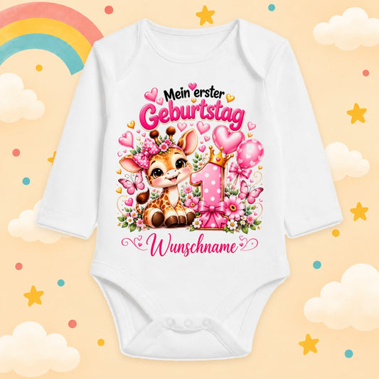 Baby Body Mädchen 1. Geburtstag personalisiert mit Name – Langarmbody Baumwolle – Geburtstagsbody Wunschname – verschiedene Größen, Giraffe