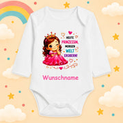 Personalisierter Babybody Mädchen Langarm mit Wunschname – Prinzessin Baby Body – Heute Prinzessin, morgen Welt erobern – Geschenk zur Geburt, Babyparty & Taufe