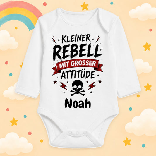 Babybody Langarm personalisiert mit Name Rocker Baby Body mit Rock & Metal Motiv Lustiger Spruch Geschenk für Jungen & Mädchen, Kleiner Rebell