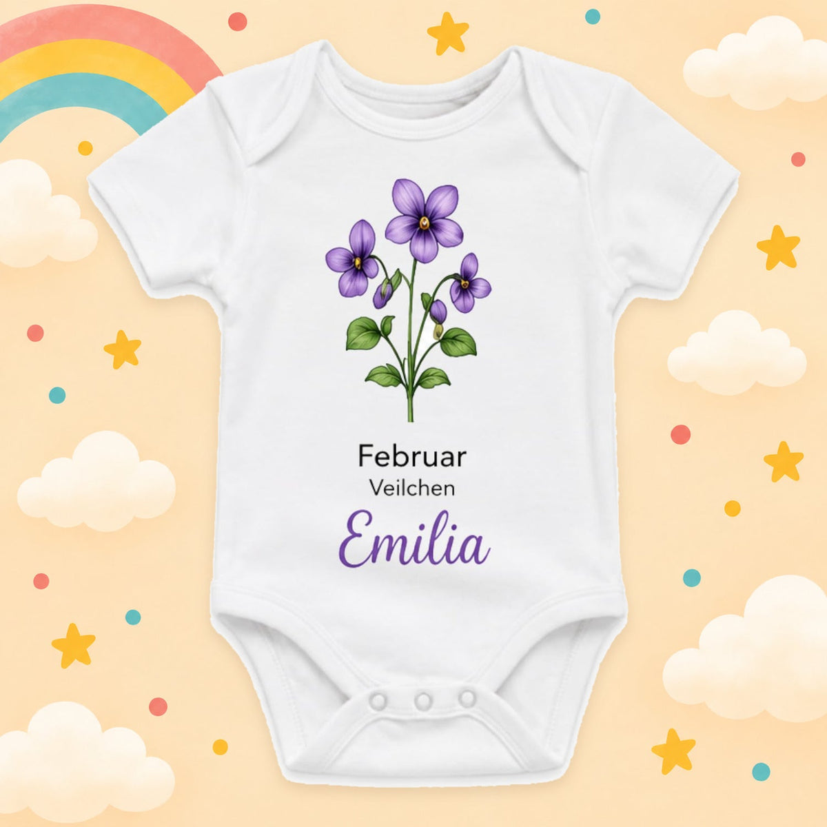 Personalisierter Babybody Geburtsblume mit Wunschname Weißer Kurzarm Baby Body aus Baumwolle – Geschenk zur Geburt, Taufe, Babyparty für Jungen & Mädchen, Februar
