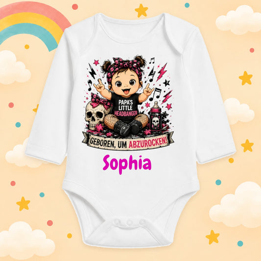 Babybody Mädchen personalisiert mit Name Langarm Rock & Metal Baby Body mit Wunschname Rocker Baby Geschenk zur Geburt, Geboren um abzurocken