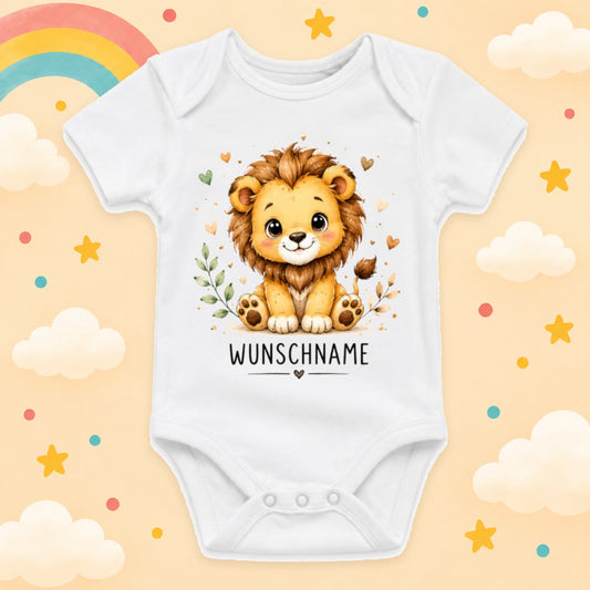 Babybody Motiv Löwe personalisiert mit Wunschname unisex Individuell bedruckt kurzarm Baumwolle weiß süßes Tiermotiv Geschenk zur Geburt, Taufe & Babyparty