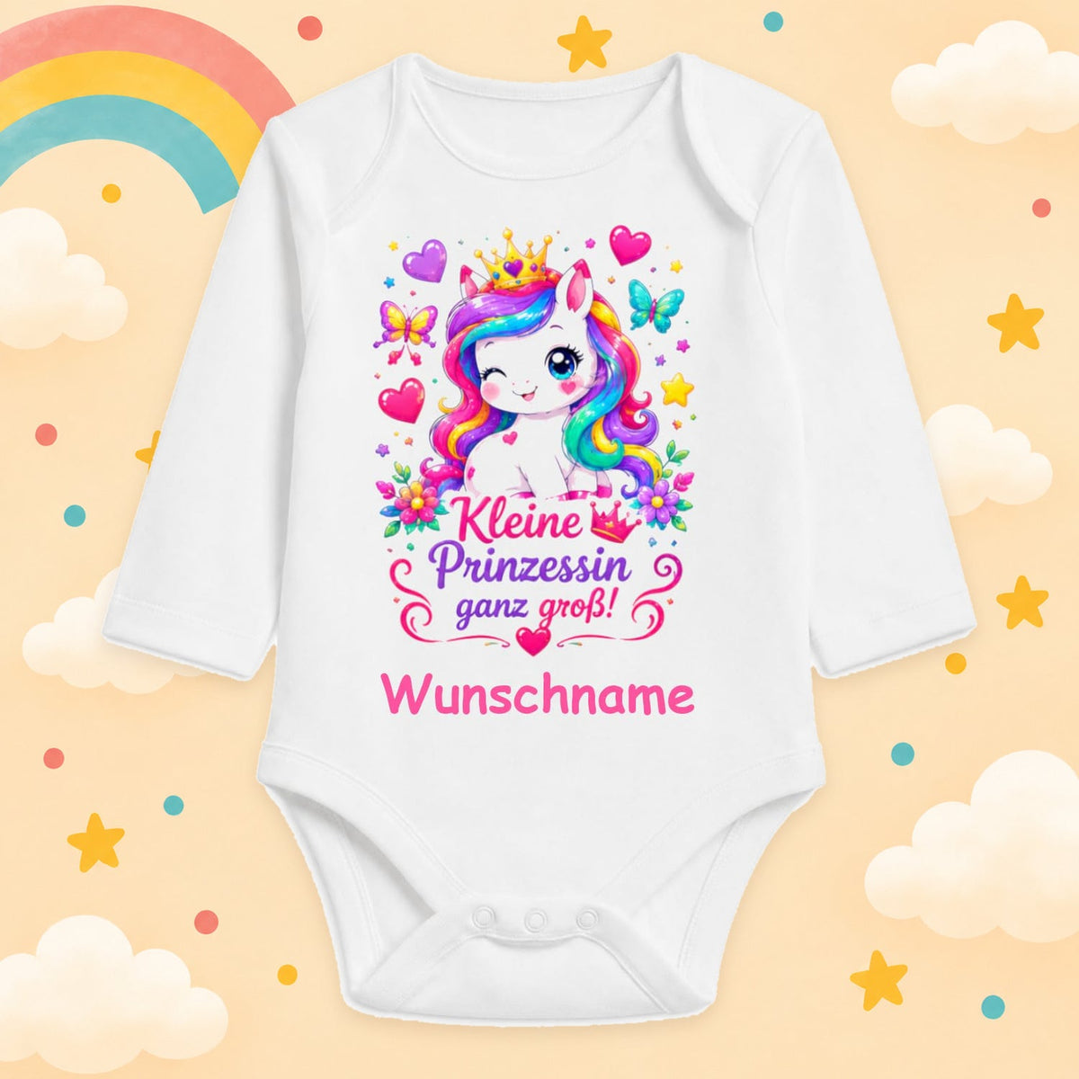 Personalisierter Babybody Langarm mit Wunschname – Kleine Prinzessin ganz groß – Süßes Einhorn mit Krone – Baby Body Mädchen mit Namen – Geschenk zur Geburt & Babyparty