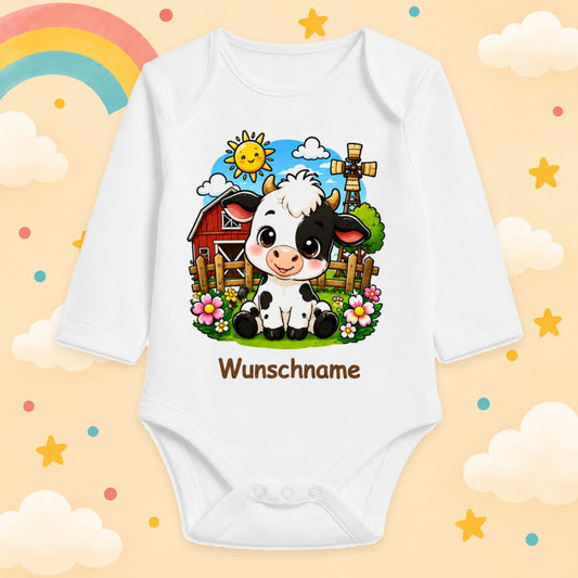 Babybody Bauernhof personalisiert mit Name – Langarm Baby Body mit Wunschname Geschenk zur Geburt für Jungen & Mädchen, Kuh