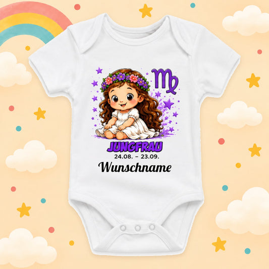 Babybody Sternzeichen Personalisiert mit Wunschname Weißer Kurzarm Baby Body aus Baumwolle – Geschenk zur Geburt, Taufe, Babyparty unisex für Jungen & Mädchen, Jungfrau