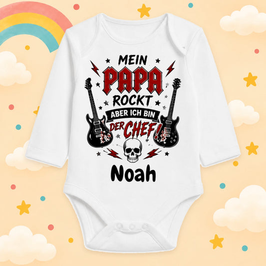 Babybody Langarm personalisiert mit Name Rocker Baby Body mit Rock & Metal Motiv Lustiger Spruch Geschenk für Jungen & Mädchen, Mein Papa rockt