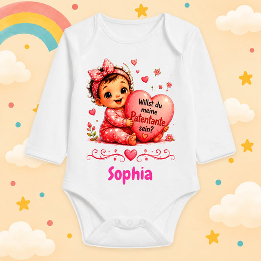 Babybody Mädchen personalisiert mit Wunschname Herz Motiv & Spruch Willst du meine Patentante sein Individuell bedruckt langarm Baumwolle weiß Geschenk zur Geburt, Taufe & Babyparty