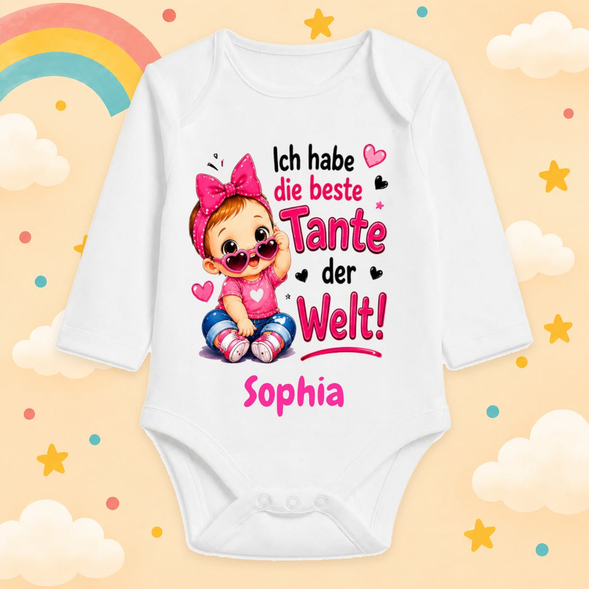Babybody Mädchen personalisiert mit Wunschname Motiv & Spruch Ich habe die beste Tante der Welt Individuell bedruckt langarm Baumwolle weiß Geschenk zur Geburt, Taufe & Babyparty