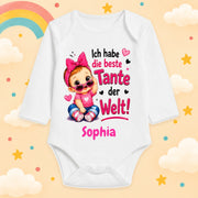 Babybody Mädchen personalisiert mit Wunschname Motiv & Spruch Ich habe die beste Tante der Welt Individuell bedruckt langarm Baumwolle weiß Geschenk zur Geburt, Taufe & Babyparty
