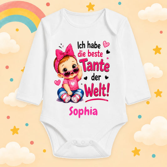 Babybody Mädchen personalisiert mit Wunschname Motiv & Spruch Ich habe die beste Tante der Welt Individuell bedruckt langarm Baumwolle weiß Geschenk zur Geburt, Taufe & Babyparty