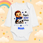Babybody Personalisiert Junge Motiv & Spruch Papas bester Schuss Individuell bedruckt mit Wunschname Baumwolle weiß langarm Geschenk zur Geburt, Taufe & Babyparty