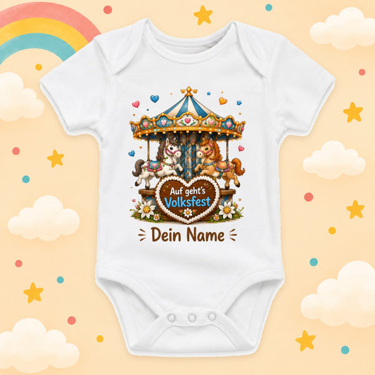 Babybody Volksfest Personalisiert mit Wunschname – Weißer Kurzarm Baby Body aus Baumwolle Riesenrad, Karussell & Kirmes Motive Baby Geschenk Geburt Junge Mädchen, Auf gehts Volksfest