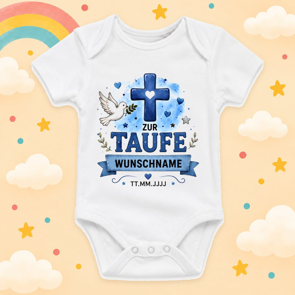 Personalisierter Baby Body Taufe mit Name & Datum – Taufbody Junge Geschenk zur Taufe – Babybody mit Wunschname Taufgeschenk, Kreuz Taube
