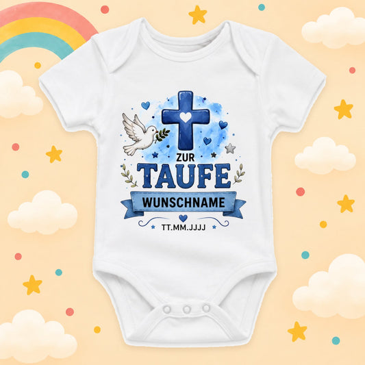 Personalisierter Baby Body Taufe mit Name & Datum – Taufbody Junge Geschenk zur Taufe – Babybody mit Wunschname Taufgeschenk, Kreuz Taube